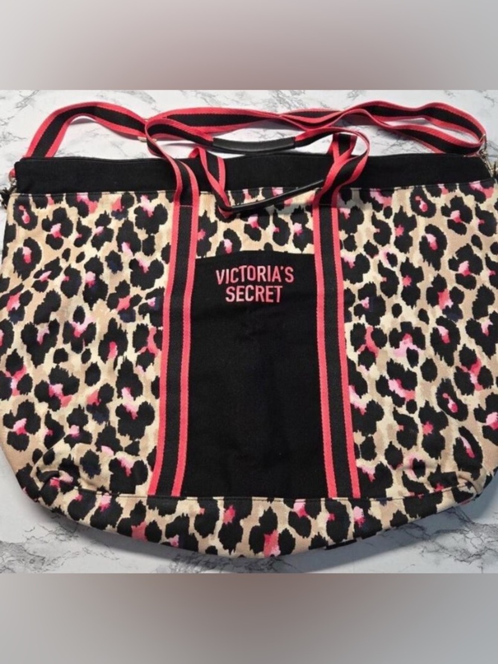 Victoria's Secret Leopard Print Tote with Pink and Black Accents